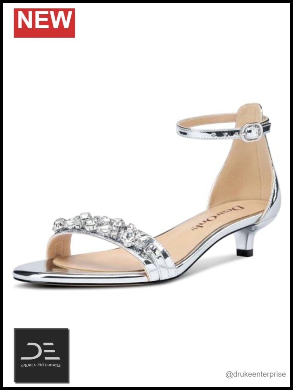 Women's Kitten Heel Peep Toe Ankle Strap Sandals Rhinestone Crystal Buckle